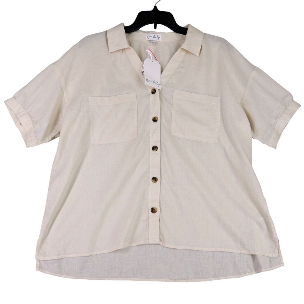 Wonderly Linen Blend Button Down Shirt Womens L Short Sleeve High Low Hem Casual